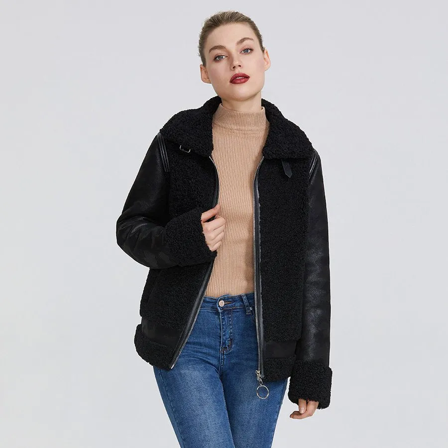 Women's Winter Windproof Sheepskin Short Parka